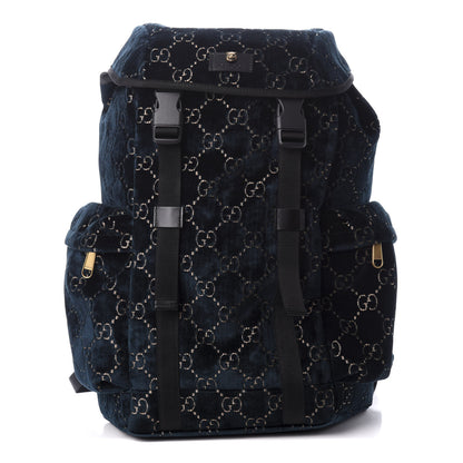 Gucci Velvet GG Monogram Web Medium Double Buckle Backpack Blue Beige Black 1 of 7