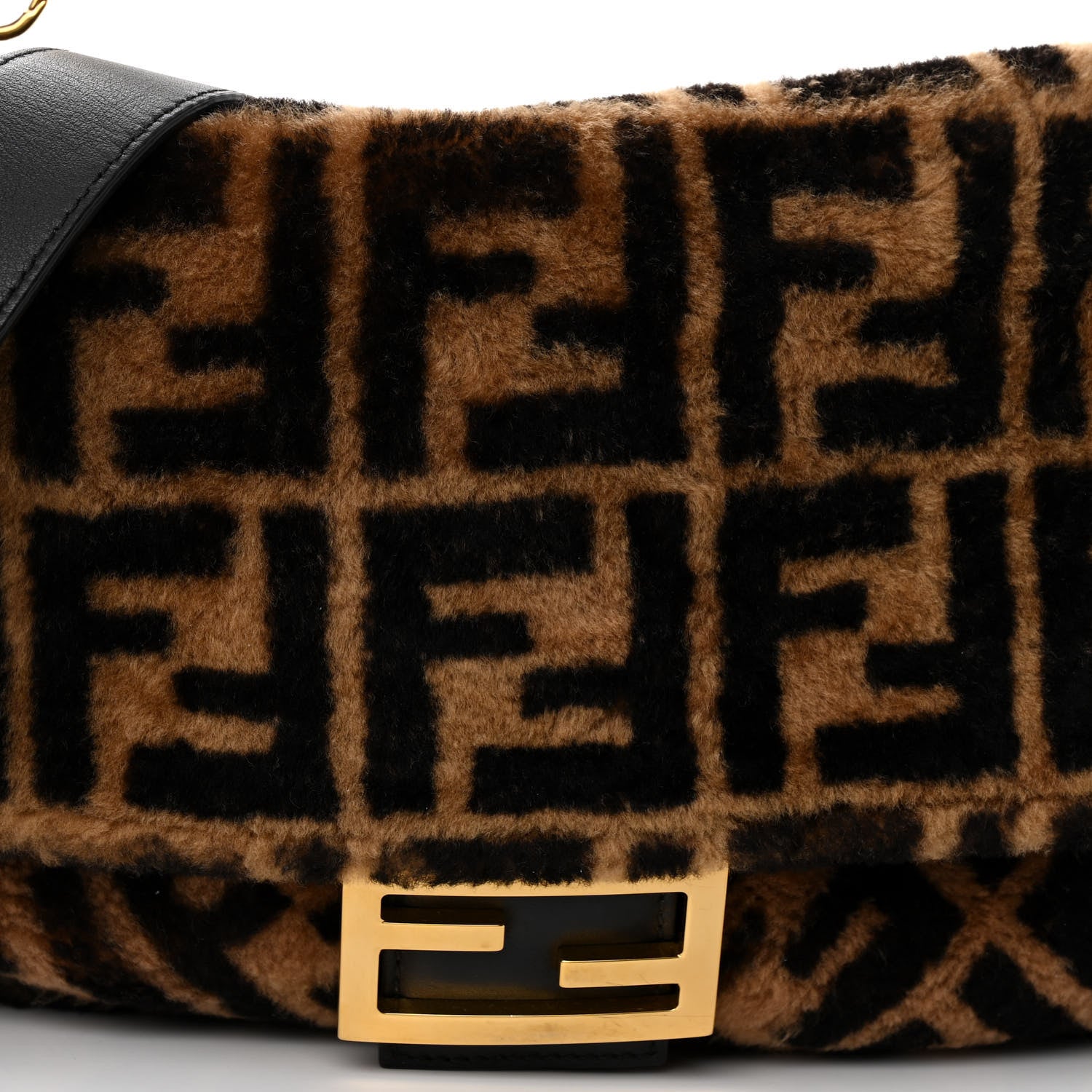 Fendi Shearling Vitello Dolce Macro FF 1974 Baguette Tobacco Black 7 of 9