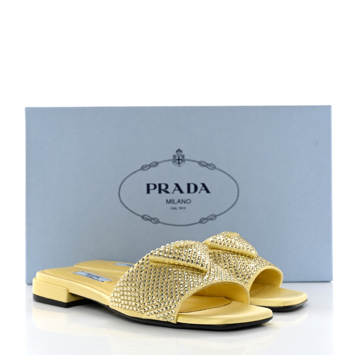 Prada Satin Crystal Logo 10mm Slide Sandals 35.5 Ananas 8 of 8