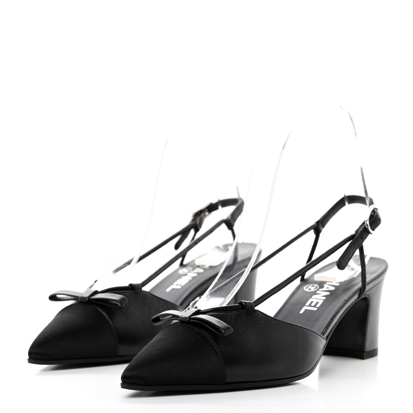 Lambskin Satin Slingback Cap Toe Bow Pumps 36.5 Black