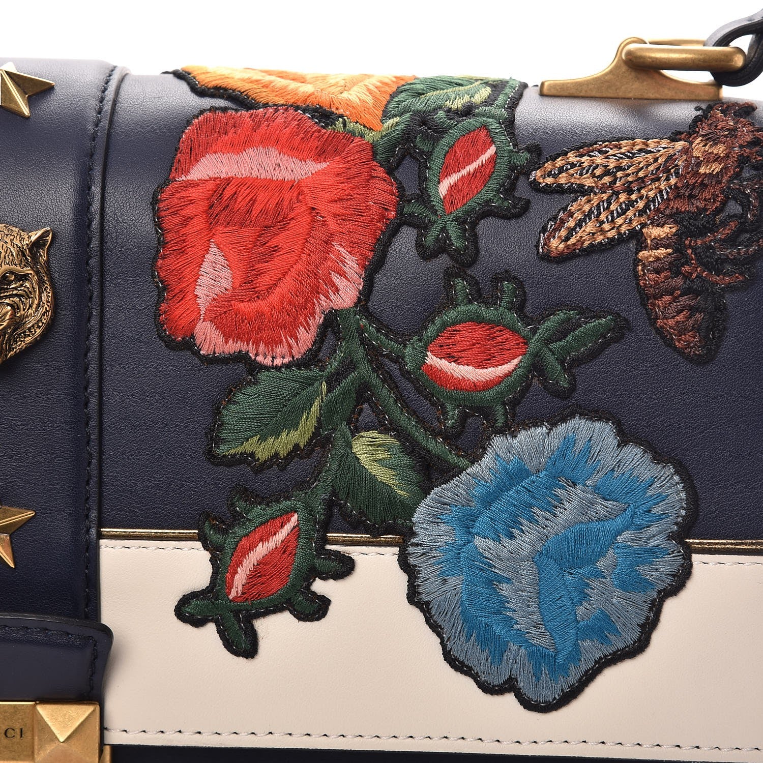 Gucci Calfskin Embroidered Riche Stripe Shoulder Bag Blue Red 8 of 8