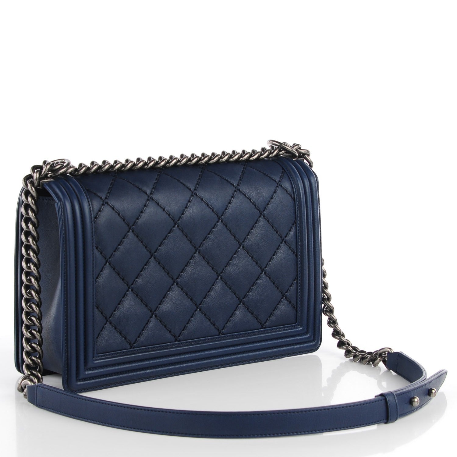 Chanel Calfskin Quilted Double Stitch Medium Boy Flap Navy Blue 3 of 8