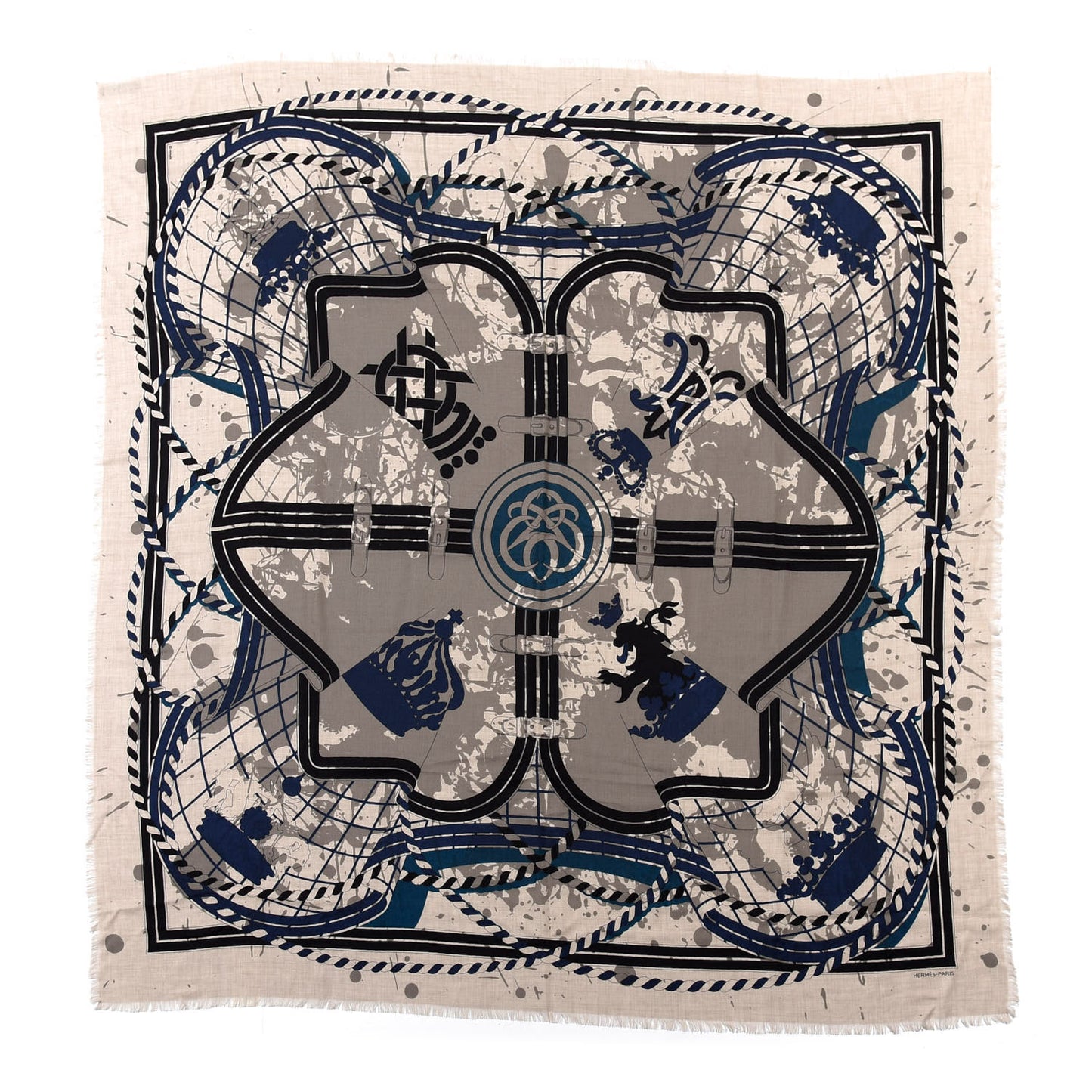 Cashmere Silk Imprimeur Fou Shawl 140 Naturel Black Bleu De Prusse