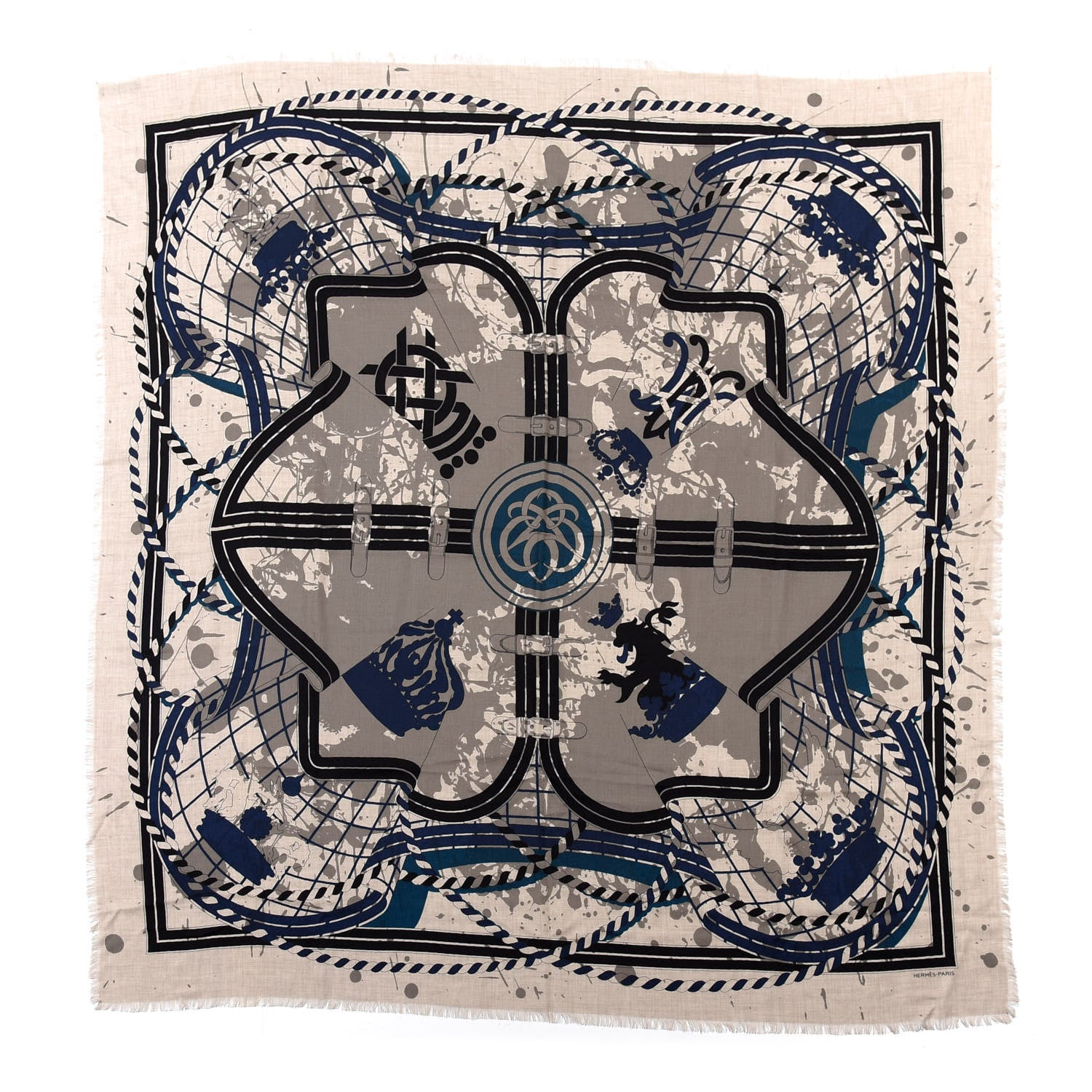 Hermes Cashmere Silk Imprimeur Fou Shawl 140 Naturel Black Bleu De Prusse 1 of 4