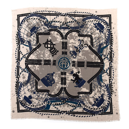 Hermes Cashmere Silk Imprimeur Fou Shawl 140 Naturel Black Bleu De Prusse 1 of 4