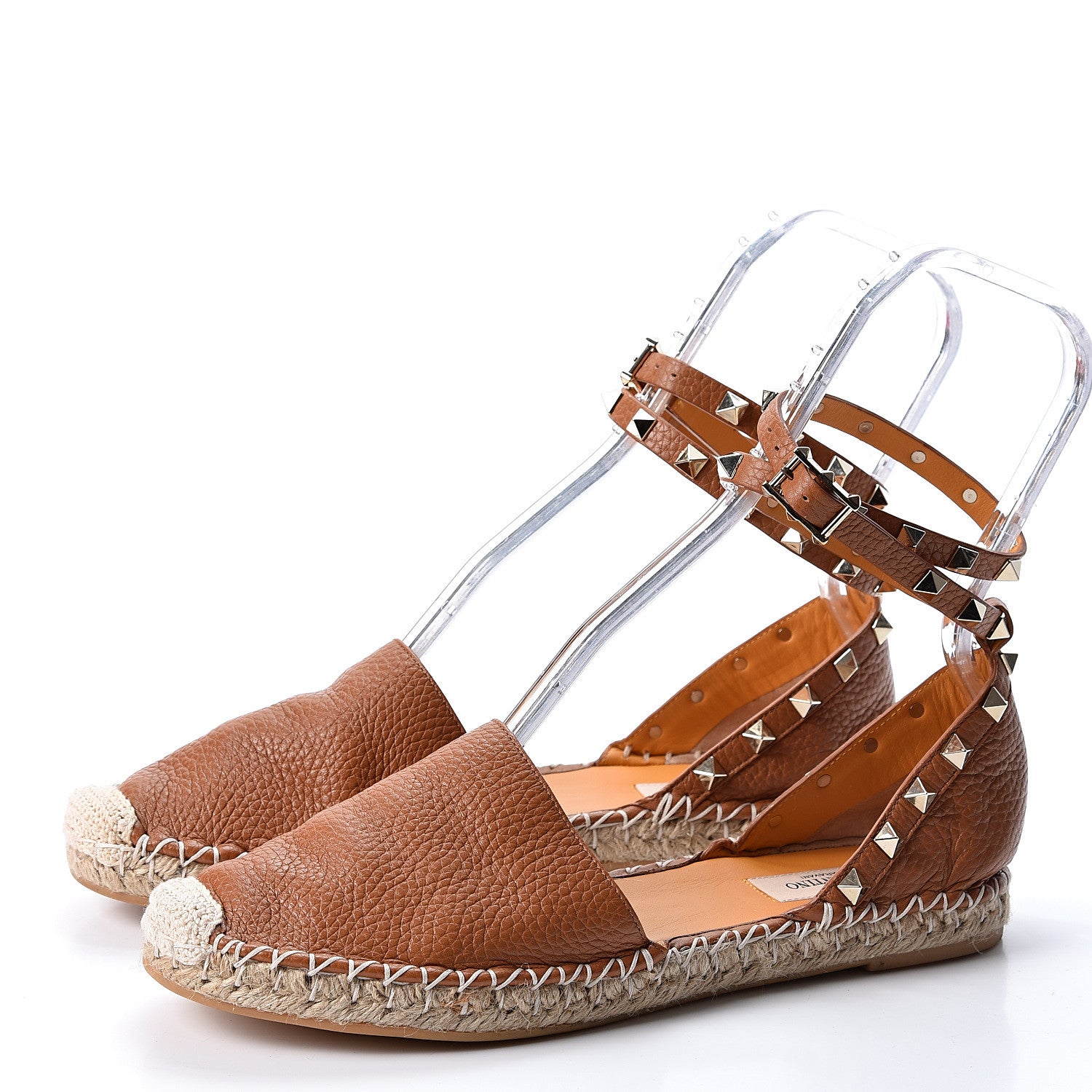Valentino Garavani Grained Calfskin Rockstud Ankle Wrap Espadrille Flats 39 Cognac 3 of 10