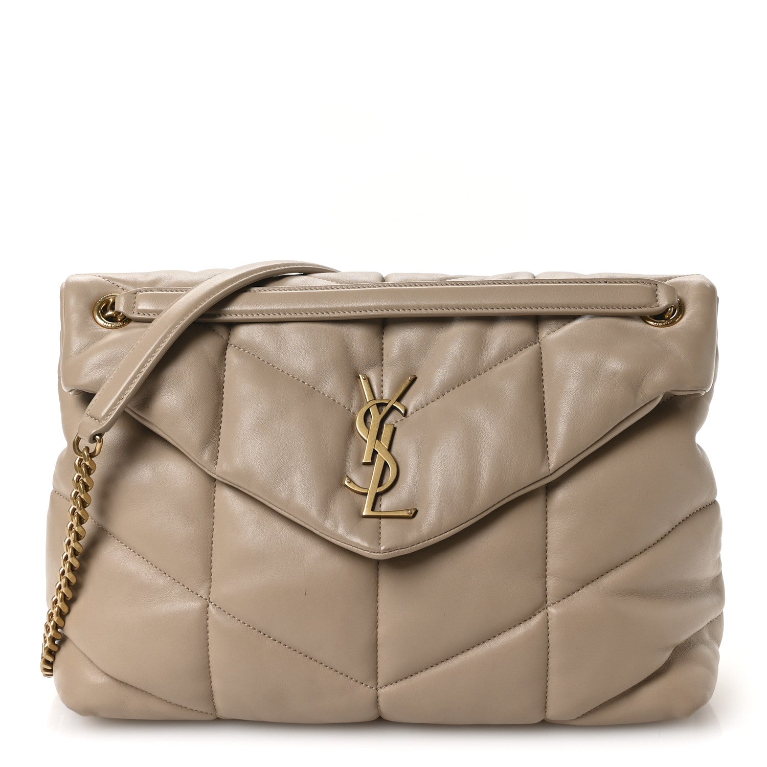 Saint Laurent Lambskin Quilted Medium Loulou Puffer Monogram Chain Satchel Dark Beige 2 of 21