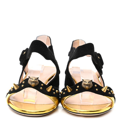 Gucci Metallic Nappa Suede Tiger Head Sandals 36 Black Gold 2 of 8