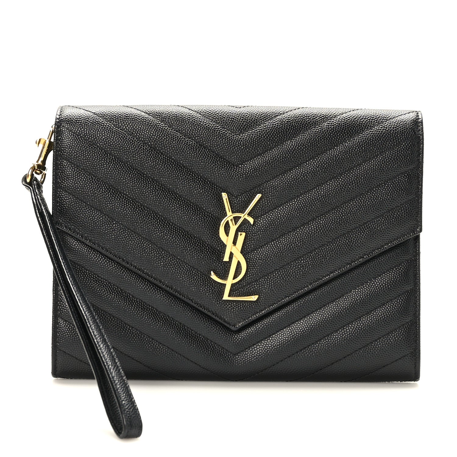 Saint Laurent Grain De Poudre Matelasse Chevron Monogram Envelope Clutch Black 1 of 8
