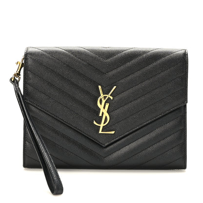 Saint Laurent Grain De Poudre Matelasse Chevron Monogram Envelope Clutch Black 1 of 8