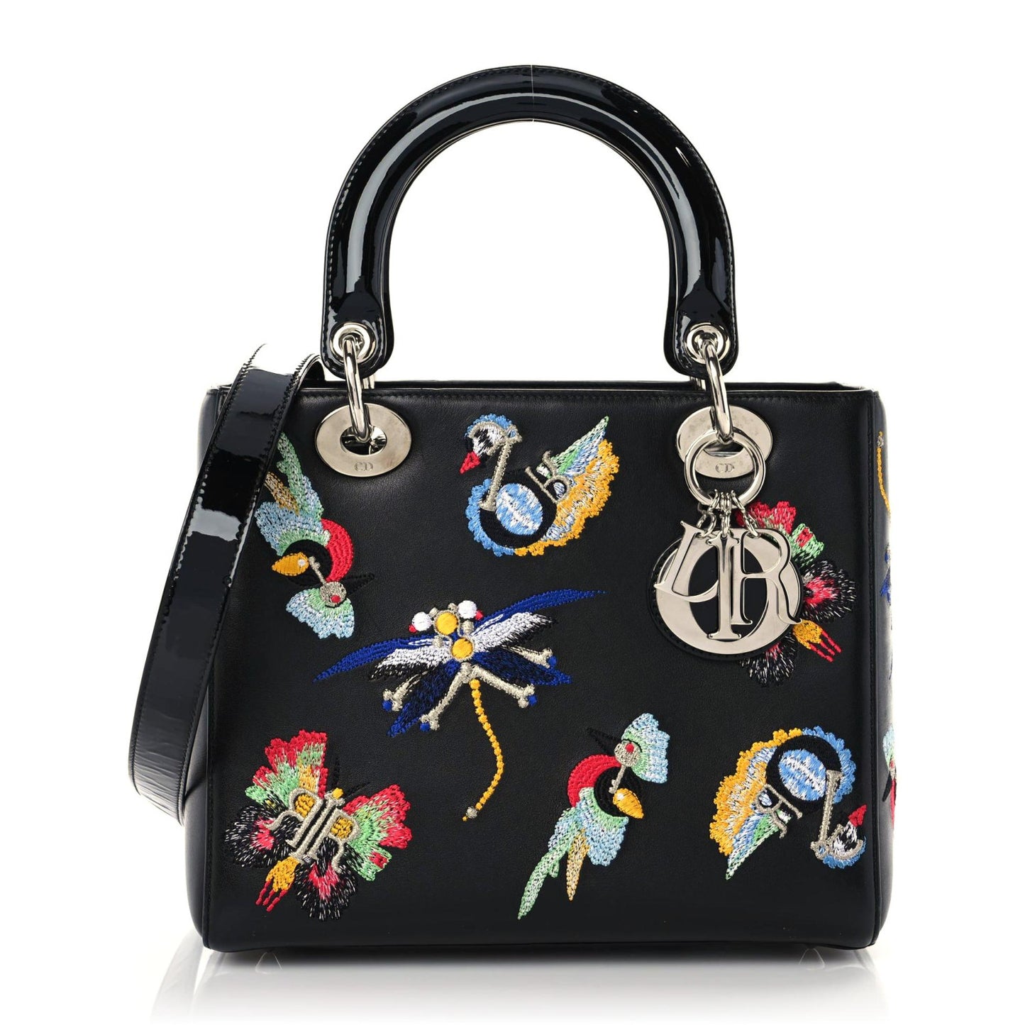 Smooth Calfskin Embroidered Beaded Birds Medium Lady Dior Black