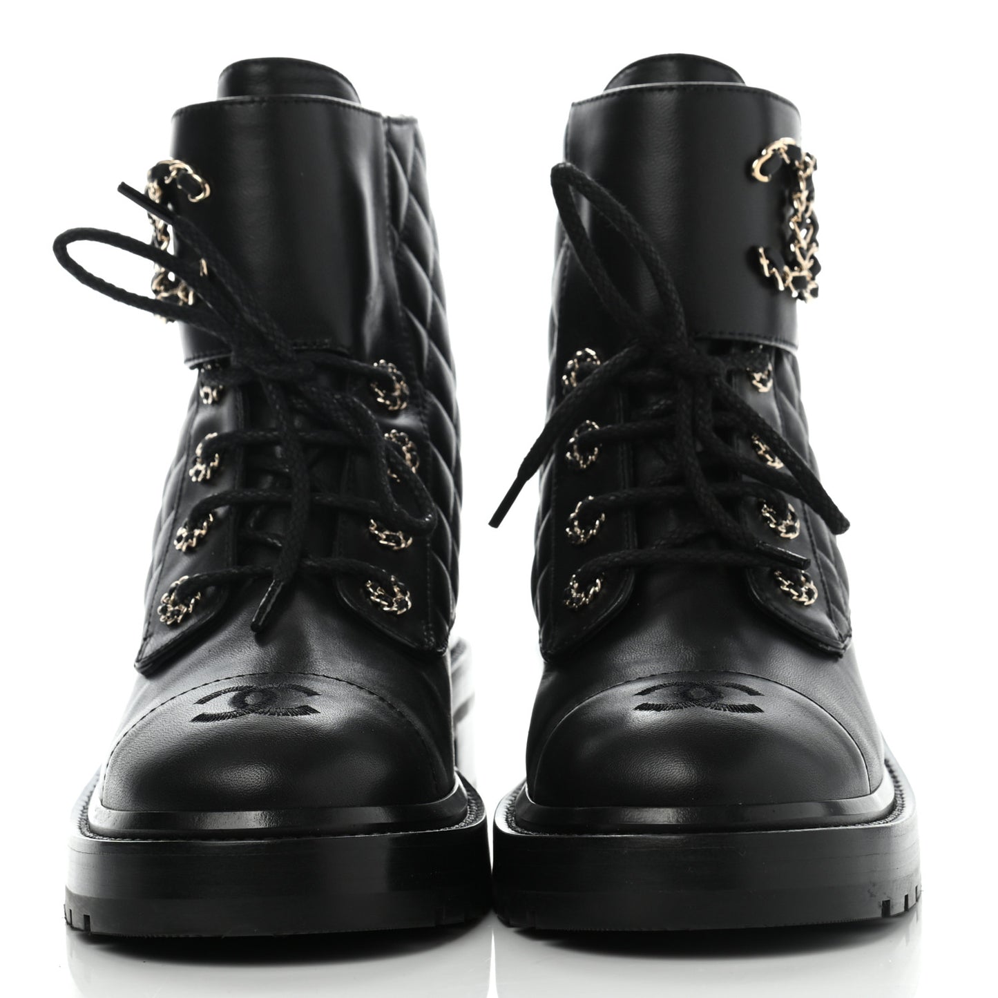 Shiny Lambskin Quilted Lace Up Combat Boots 38 Black