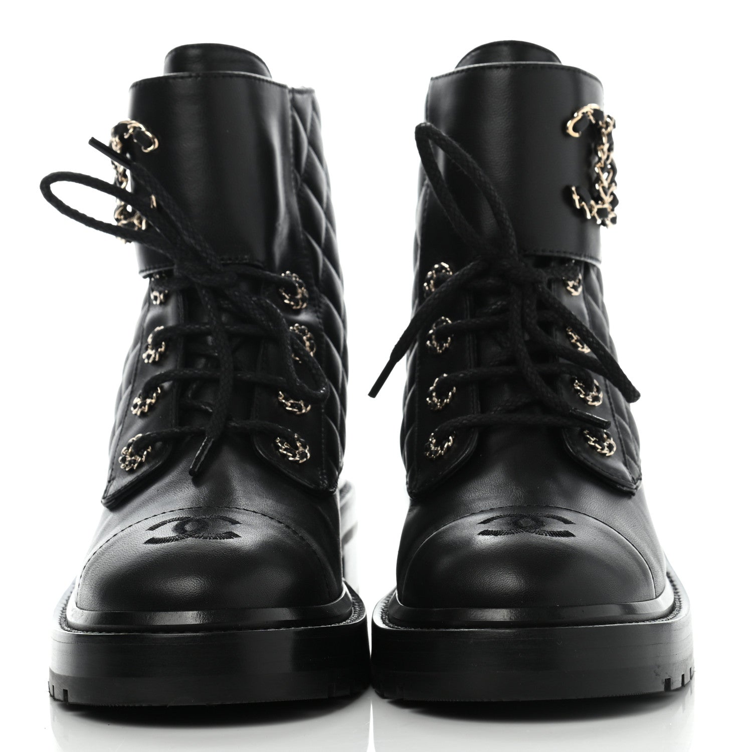 Chanel Shiny Lambskin Quilted Lace Up Combat Boots 38 Black 2 of 11