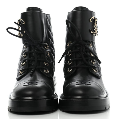 Chanel Shiny Lambskin Quilted Lace Up Combat Boots 38 Black 2 of 11