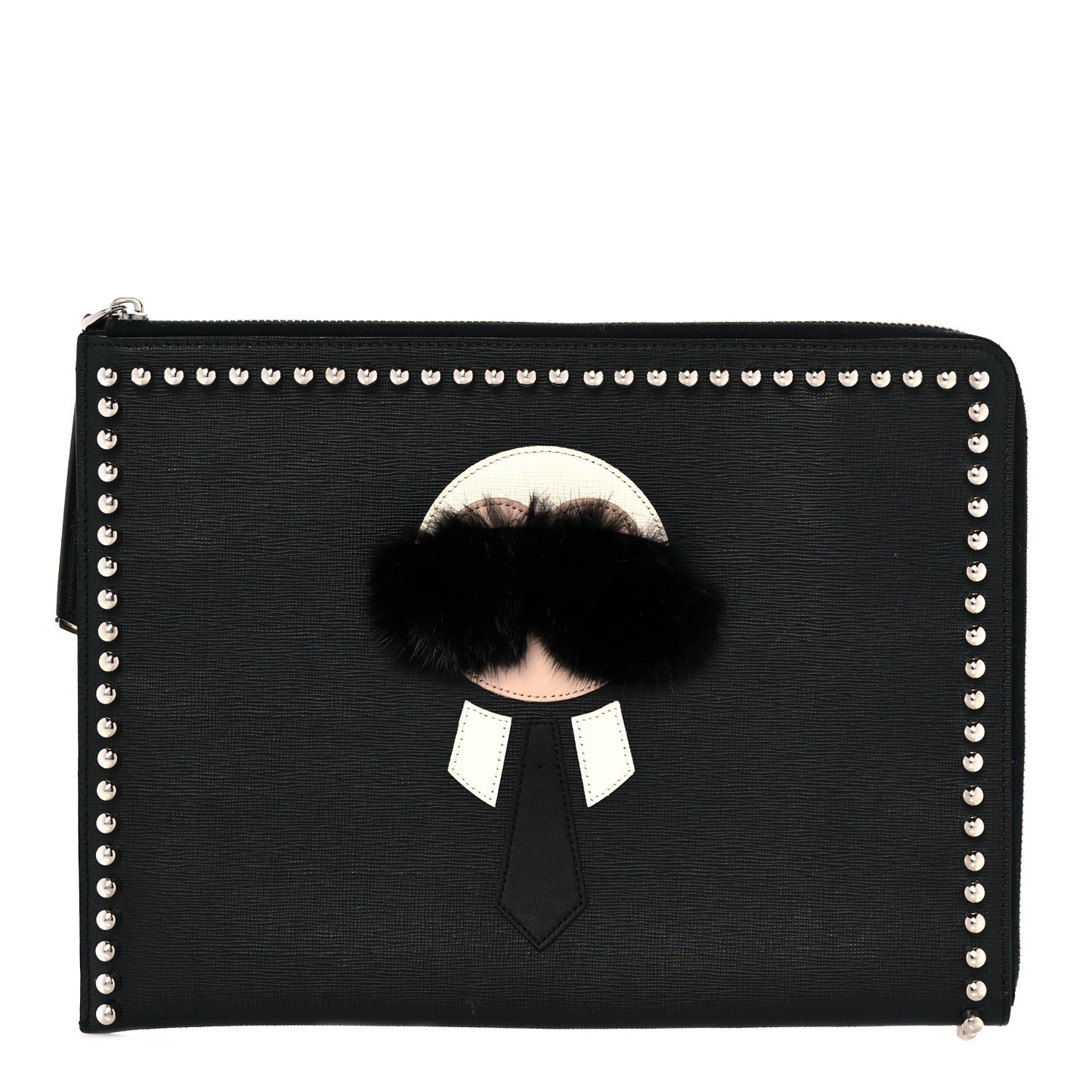 Vitello Elite Mink Fur Studded Karlito Zip Around Pouch Black