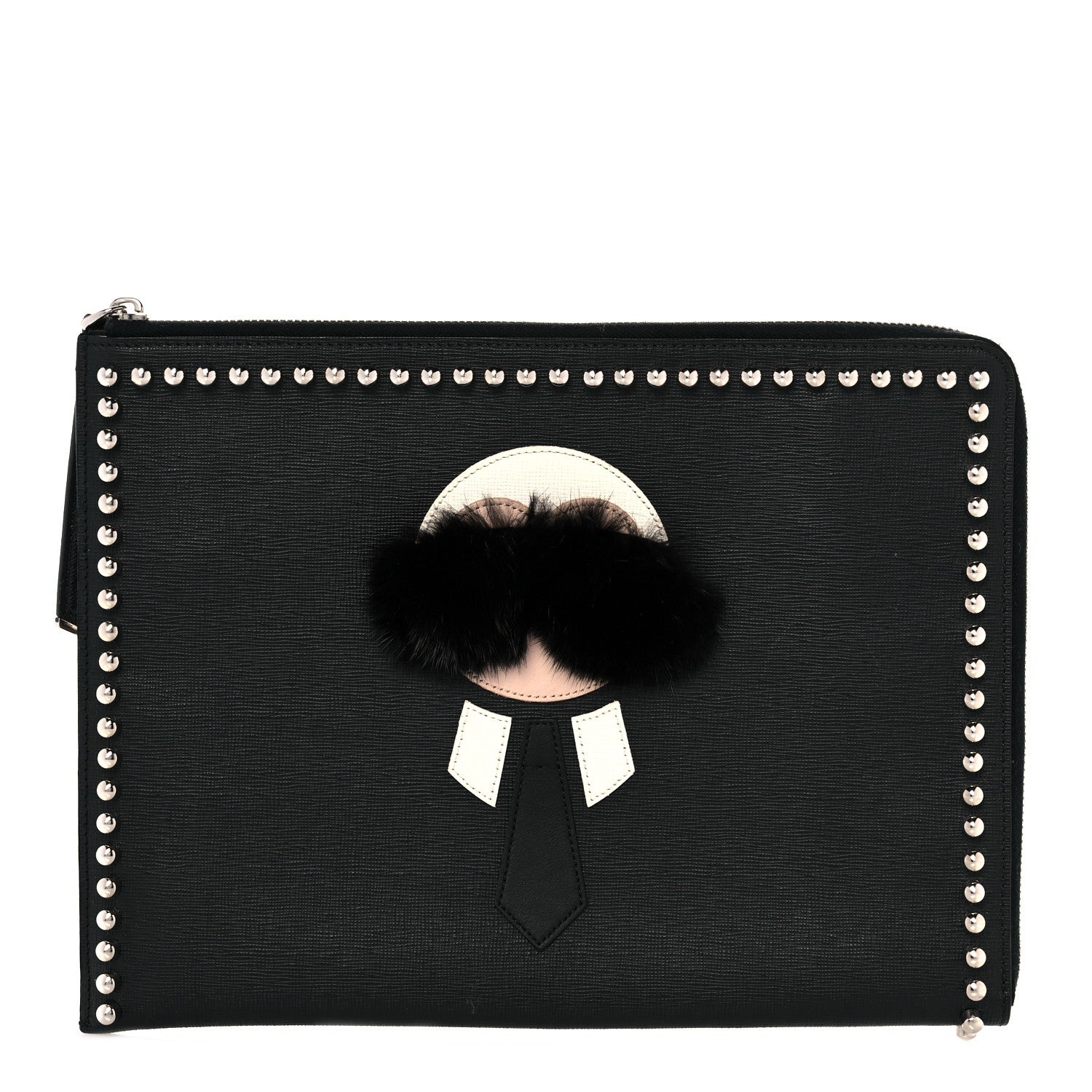 Fendi Vitello Elite Mink Fur Studded Karlito Zip Around Pouch Black 1 of 14