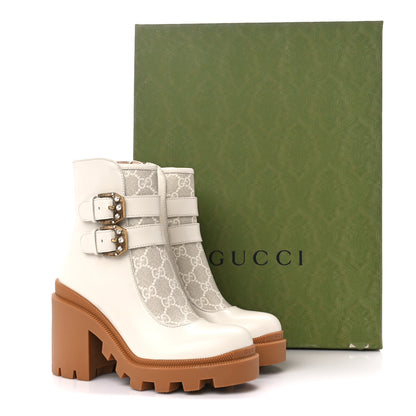 Gucci Kensington Calfskin Nappa GG Supreme Monogram Womens Double Buckle Ankle Boots 35.5 Mystic White Beige 11 of 11