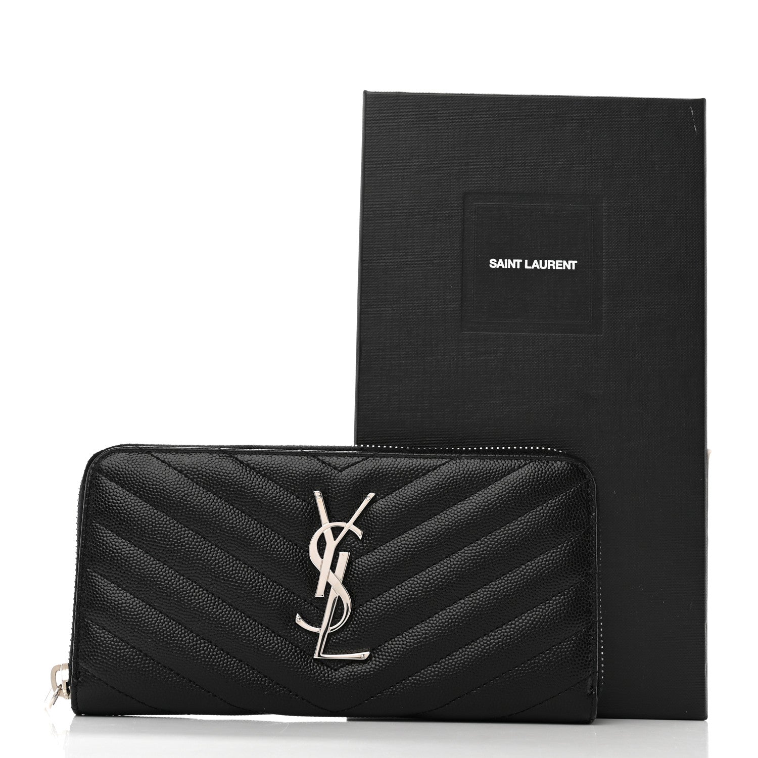 Saint Laurent Grain De Poudre Matelasse Chevron Monogram Zip Around Wallet Black 7 of 7