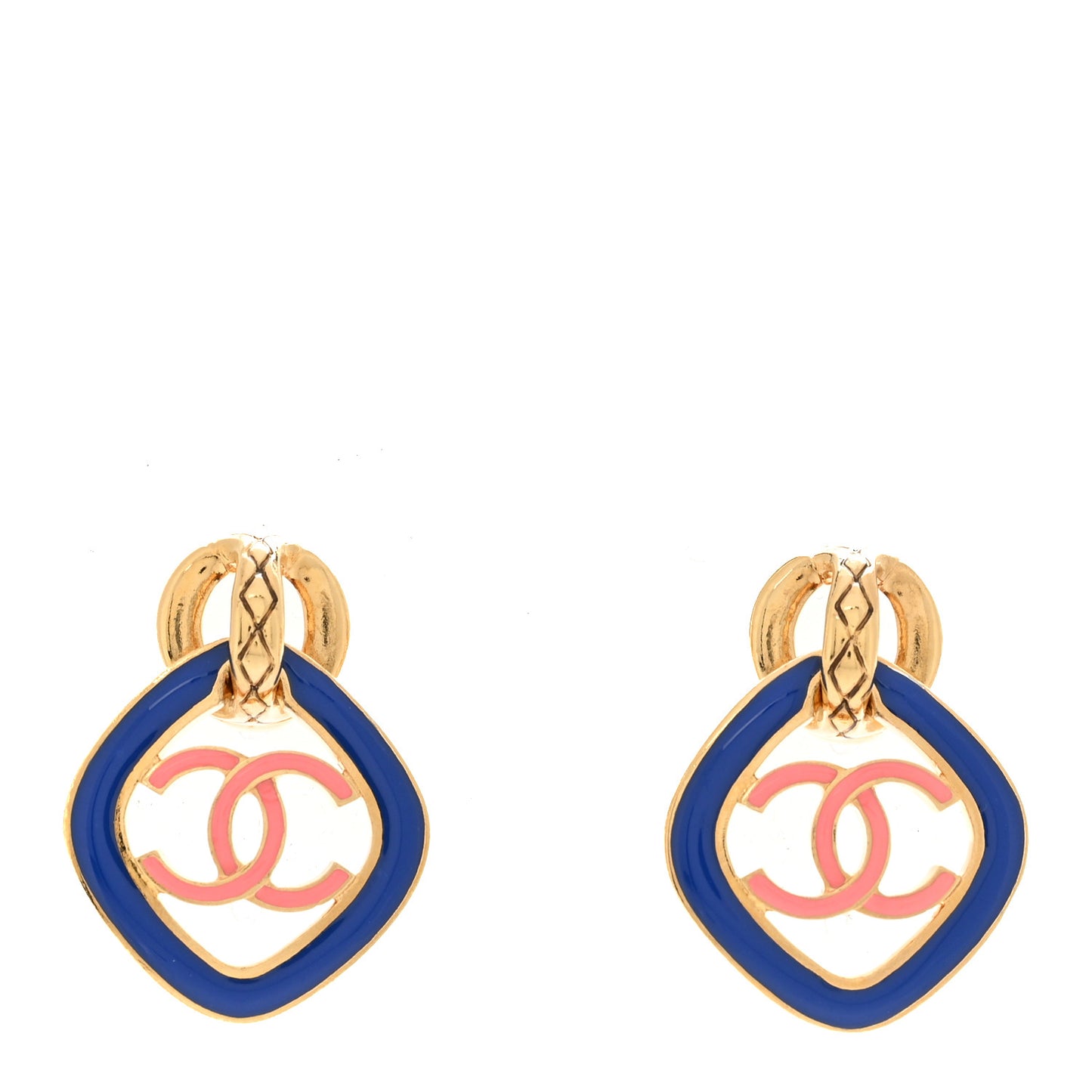 Enamel CC Drop Earrings Gold Blue Pink