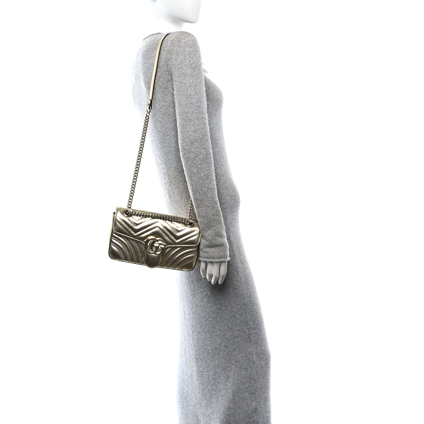 Metallic Calfskin Matelasse Small GG Marmont Shoulder Bag Platino