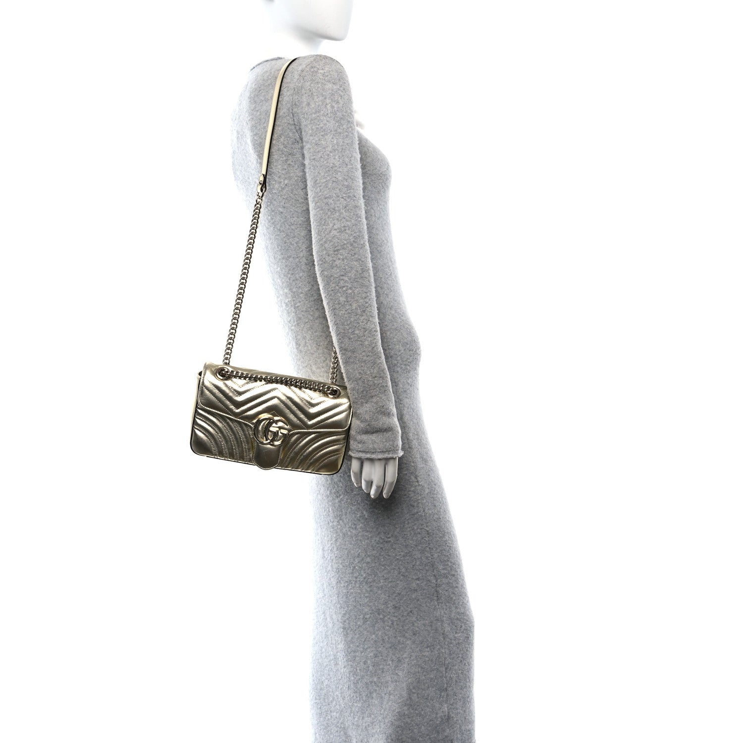 Gucci Metallic Calfskin Matelasse Small GG Marmont Shoulder Bag Platino 2 of 10