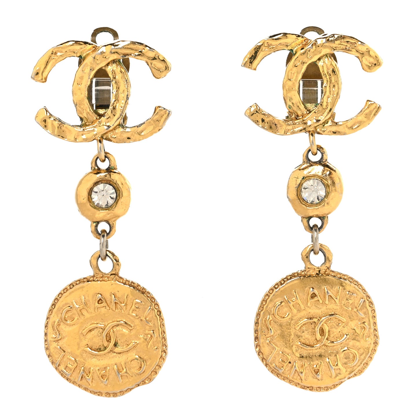 Metal CC Logo Drop Clip On Earrings Gold