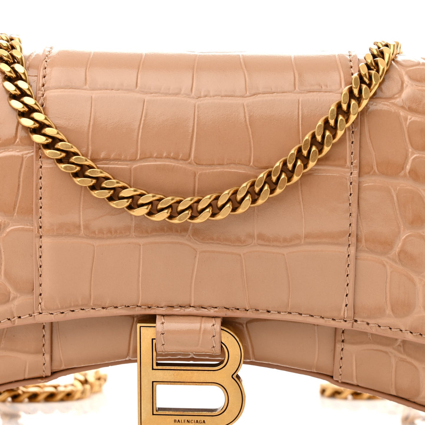 Shiny Calfskin Crocodile Embossed Hourglass Chain Bag Nude Beige