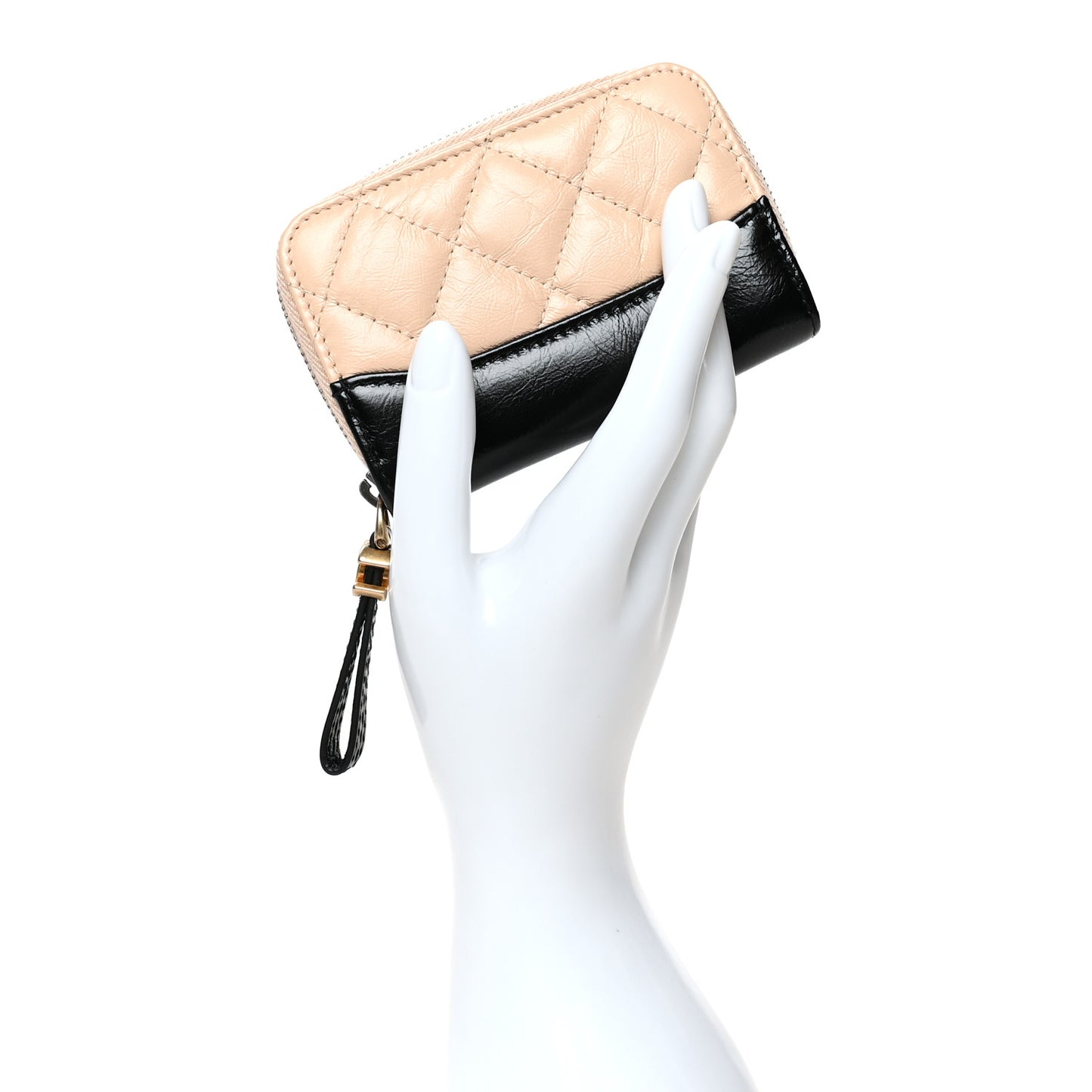 Aged Calfskin Quilted Gabrielle Zip Around Coin Purse Wallet Beige Black