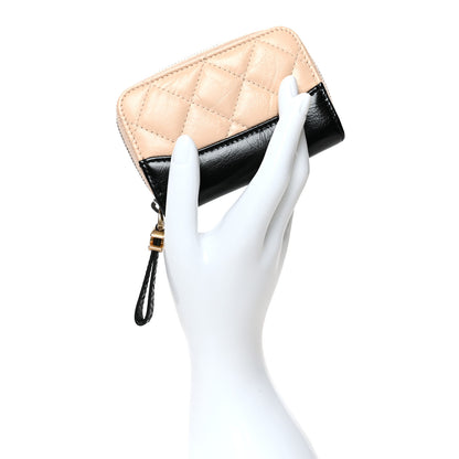 Chanel Aged Calfskin Quilted Gabrielle Zip Around Coin Purse Wallet Beige Black 2 of 8