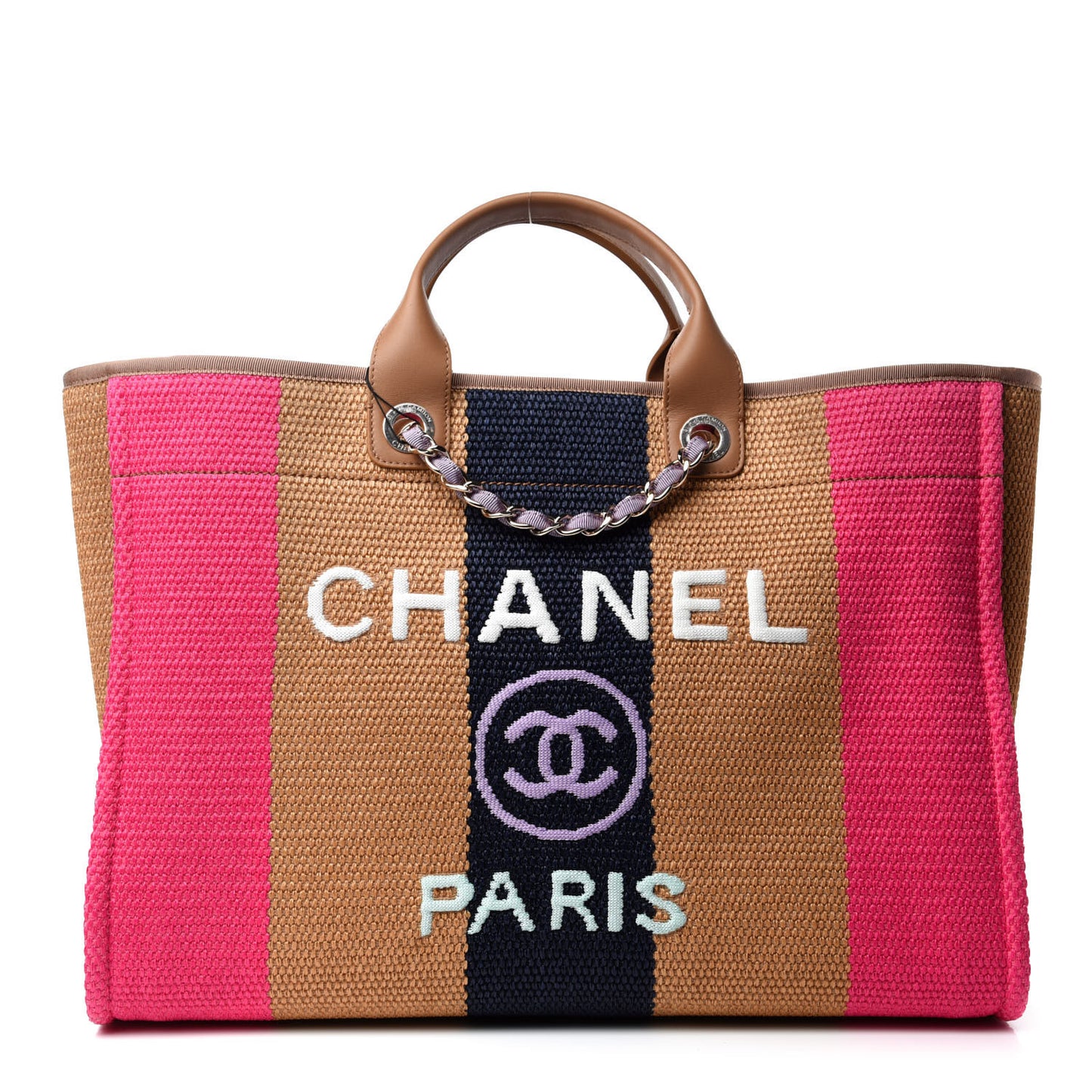 Straw Raffia Calfskin Striped Large Deauville Tote Dark Beige Fuchsia Navy Blue