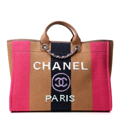 Chanel Straw Raffia Calfskin Striped Large Deauville Tote Dark Beige Fuchsia Navy Blue 1 of 11