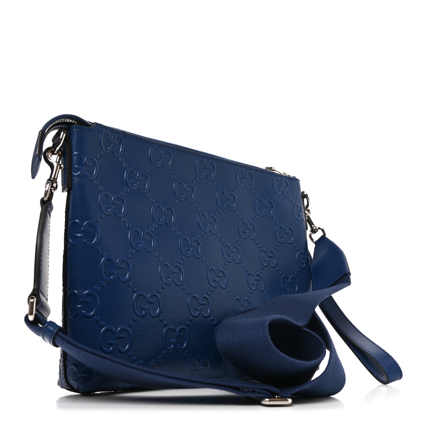 Gucci Calfskin GG Tennis Embossed Medium Wristlet Messenger Bag Intense Metal Blue 3 of 10