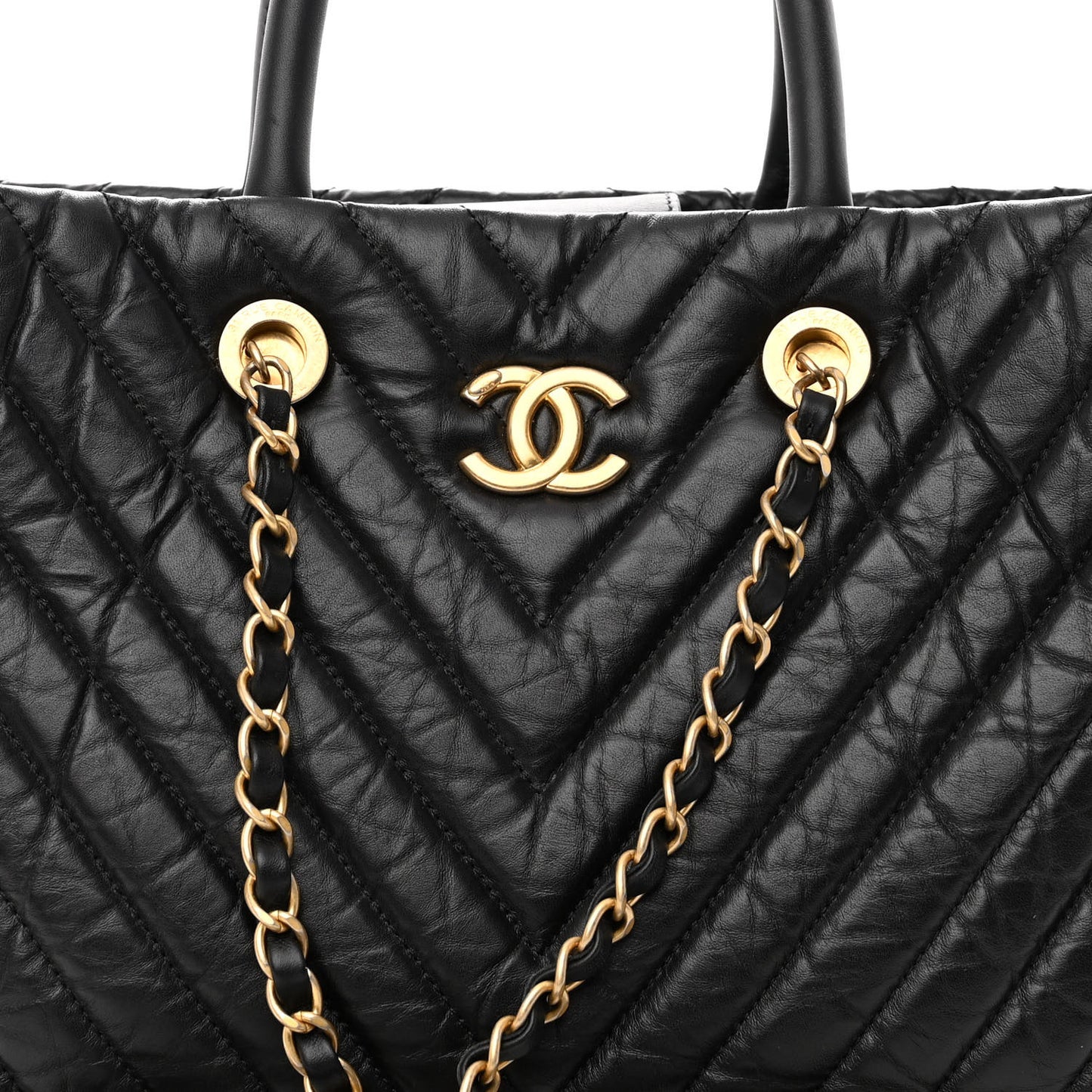 Aged Calfskin Chevron Coco Handle Shopping Tote Black