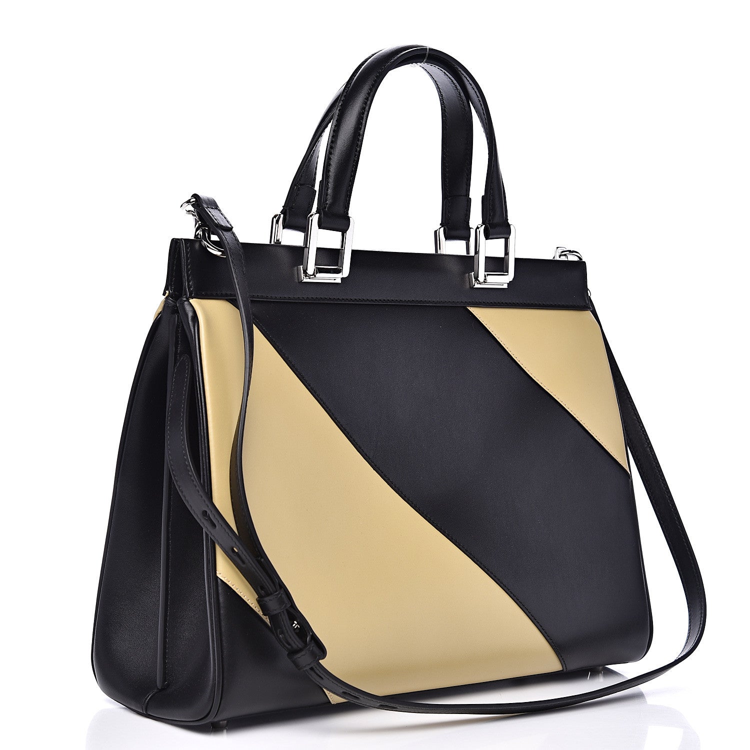 Gucci Smooth Calfskin Diagonal Striped Medium Zumi Top Handle Bag Black Beige 2 of 9