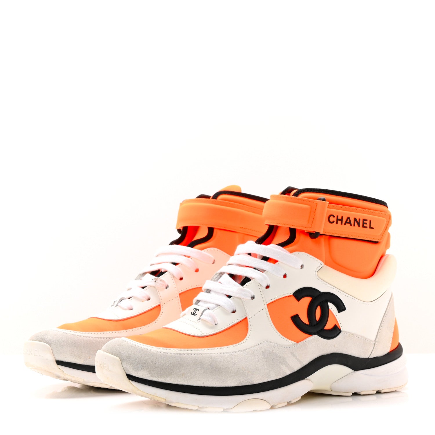 Chanel Suede Calfskin Lambskin Neoprene High Top CC Sneakers 39.5 White Fluo Orange 3 of 23