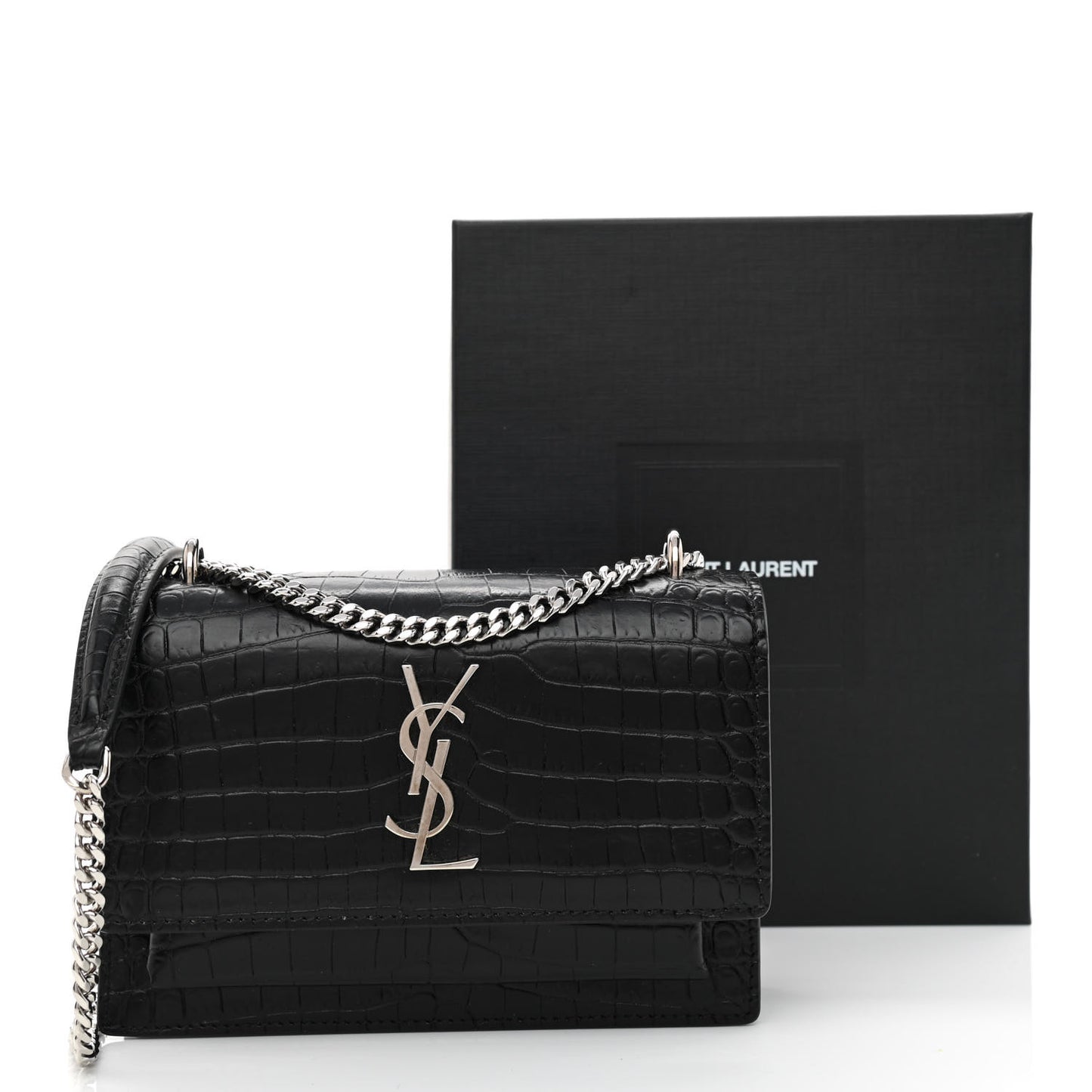 Calfskin Crocodile Embossed Monogram Sunset Chain Wallet Black