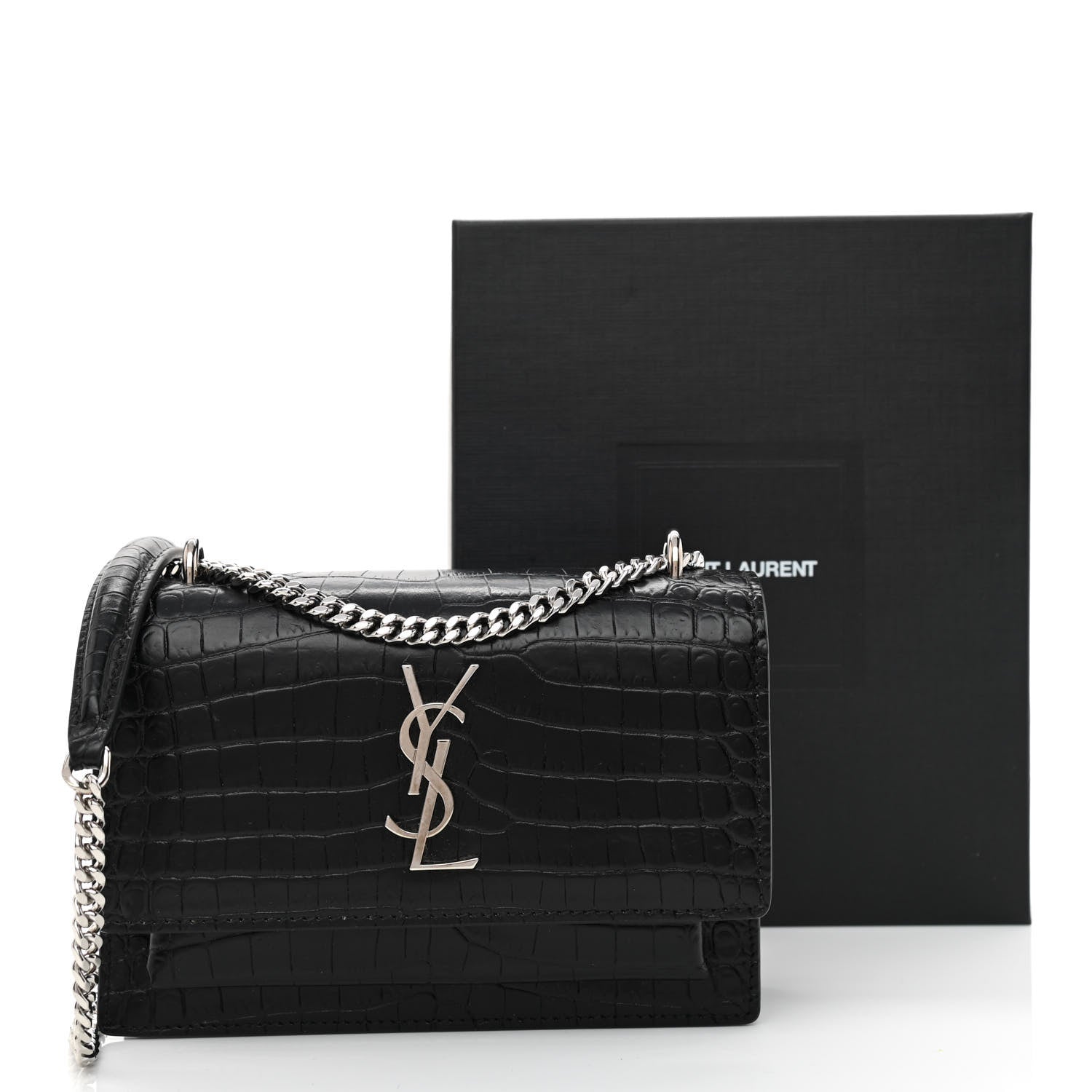 Saint Laurent Calfskin Crocodile Embossed Monogram Sunset Chain Wallet Black 10 of 10