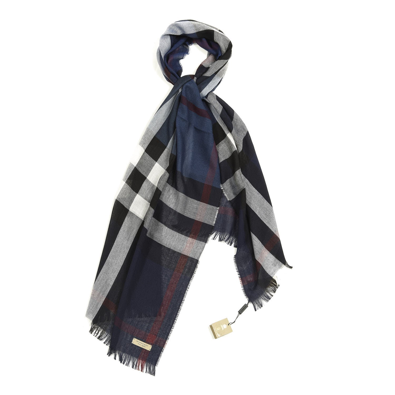 Burberry Wool Cashmere Check Lightweight Scarf Navy 1 of 4