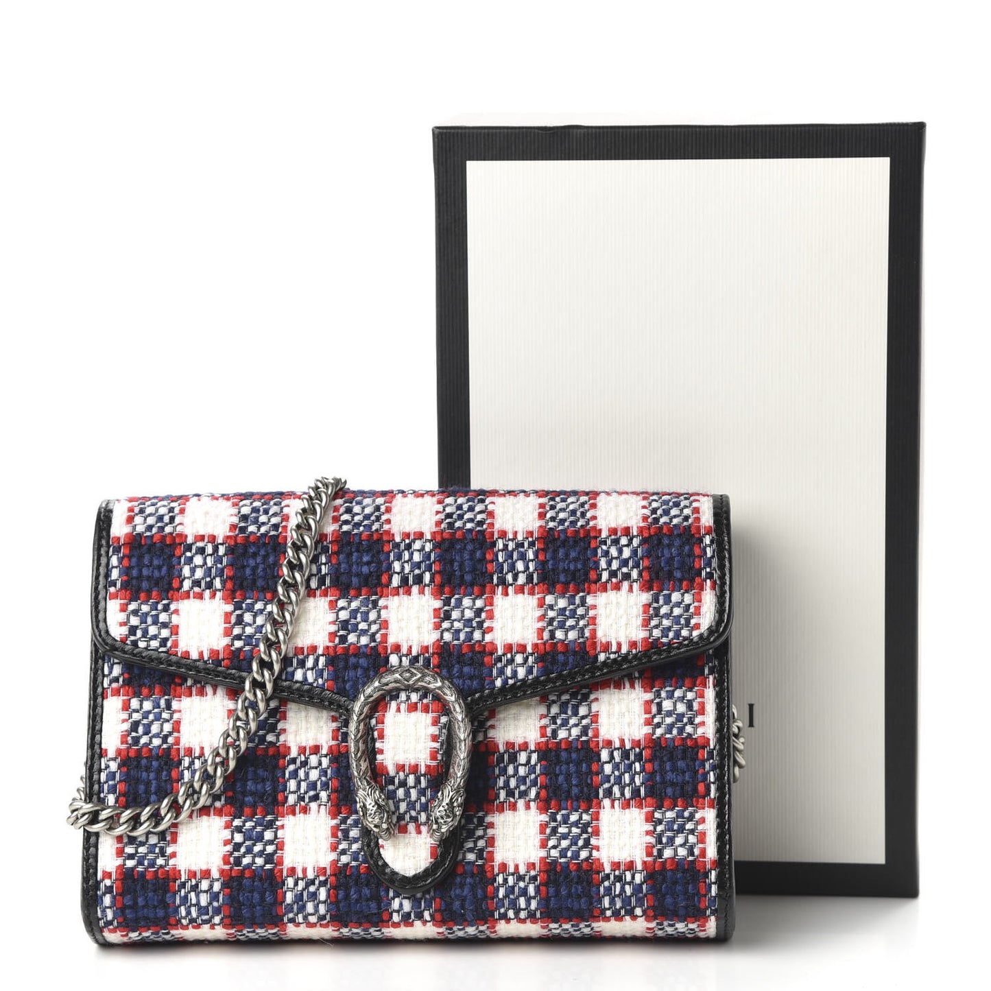 Vintage Tweed Check Mini Dionysus Chain Wallet White Hibiscus Red Marine