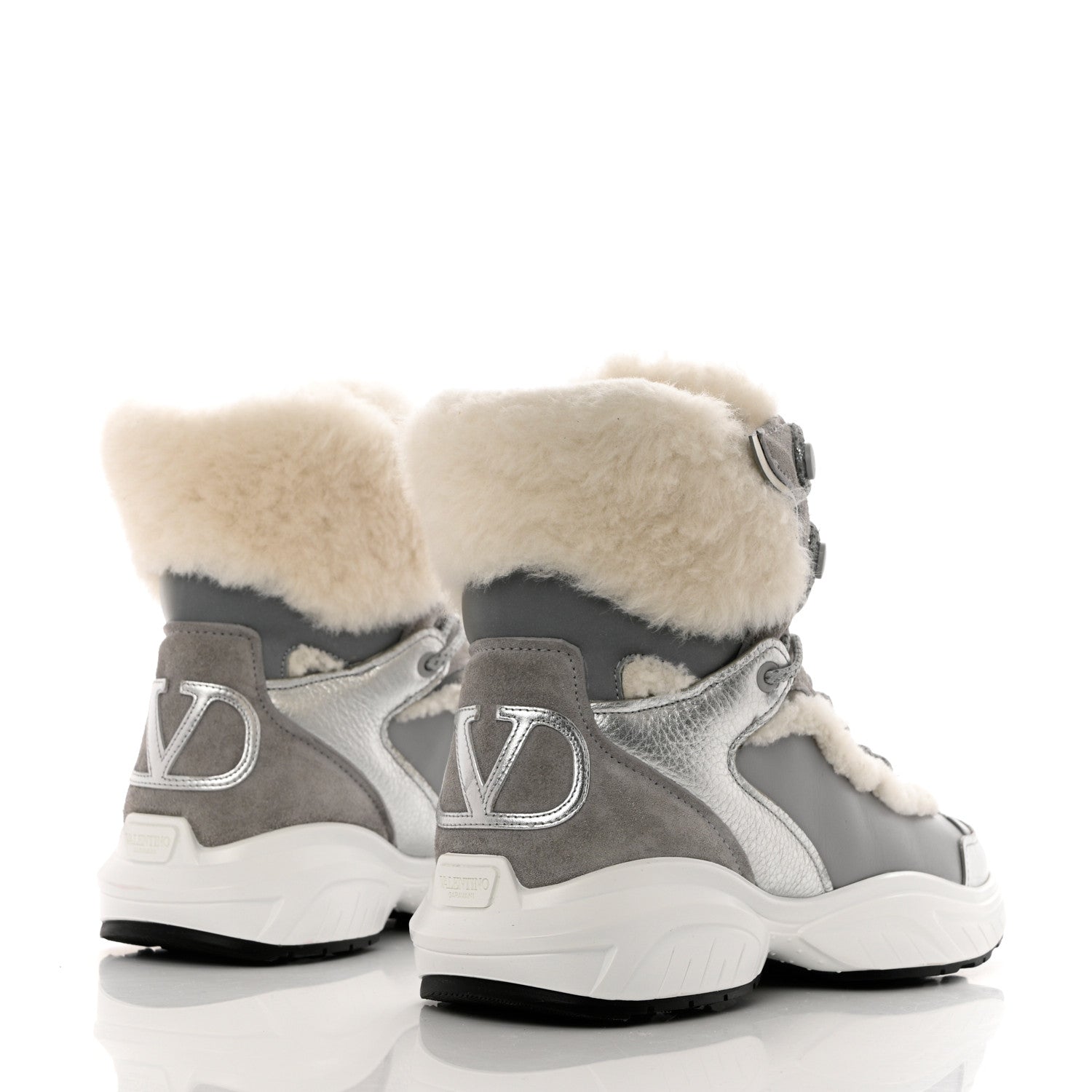 Valentino Garavani Metallic Calfskin Suede Shearling Shegoes High Top Sneakers 38 Argento 5 of 9