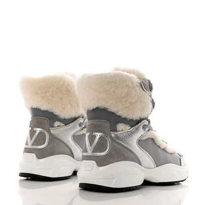 Valentino Garavani Metallic Calfskin Suede Shearling Shegoes High Top Sneakers 38 Argento 5 of 9