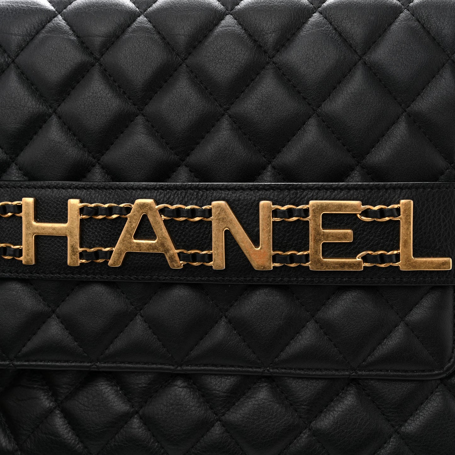 Calfskin Quilted Front Logo Enchained Clutch Black