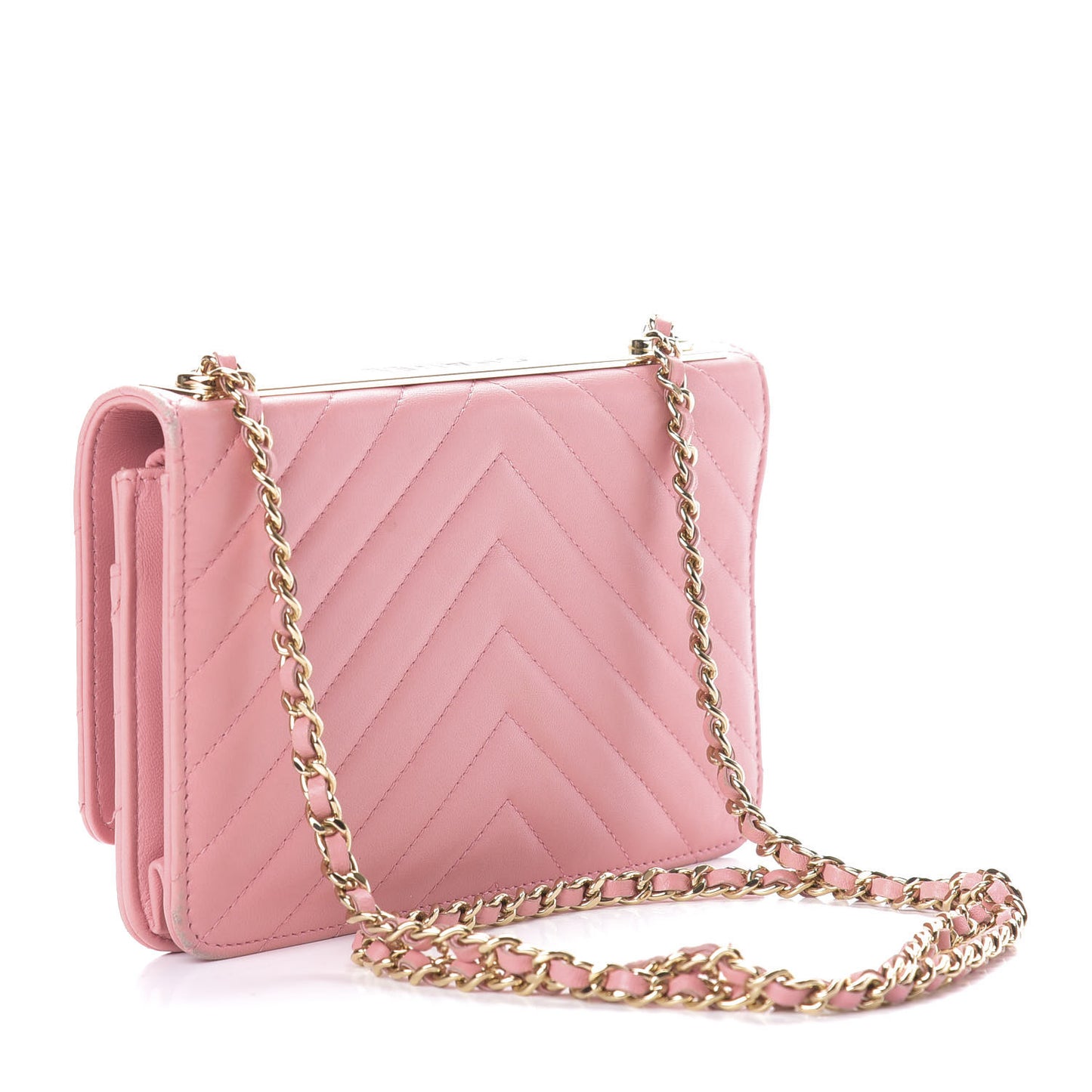 Lambskin Chevron Quilted Trendy CC Wallet On Chain WOC Pink