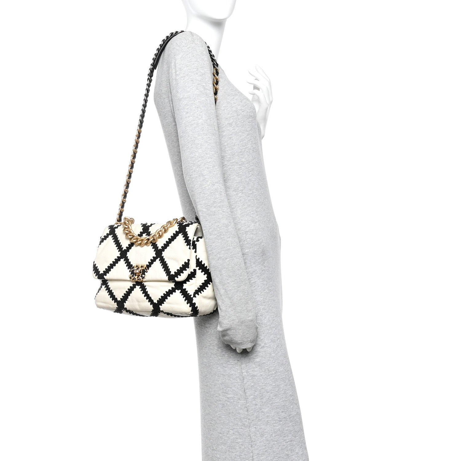 Chanel Calfskin Crochet Large Chanel 19 Flap White Black 1858769