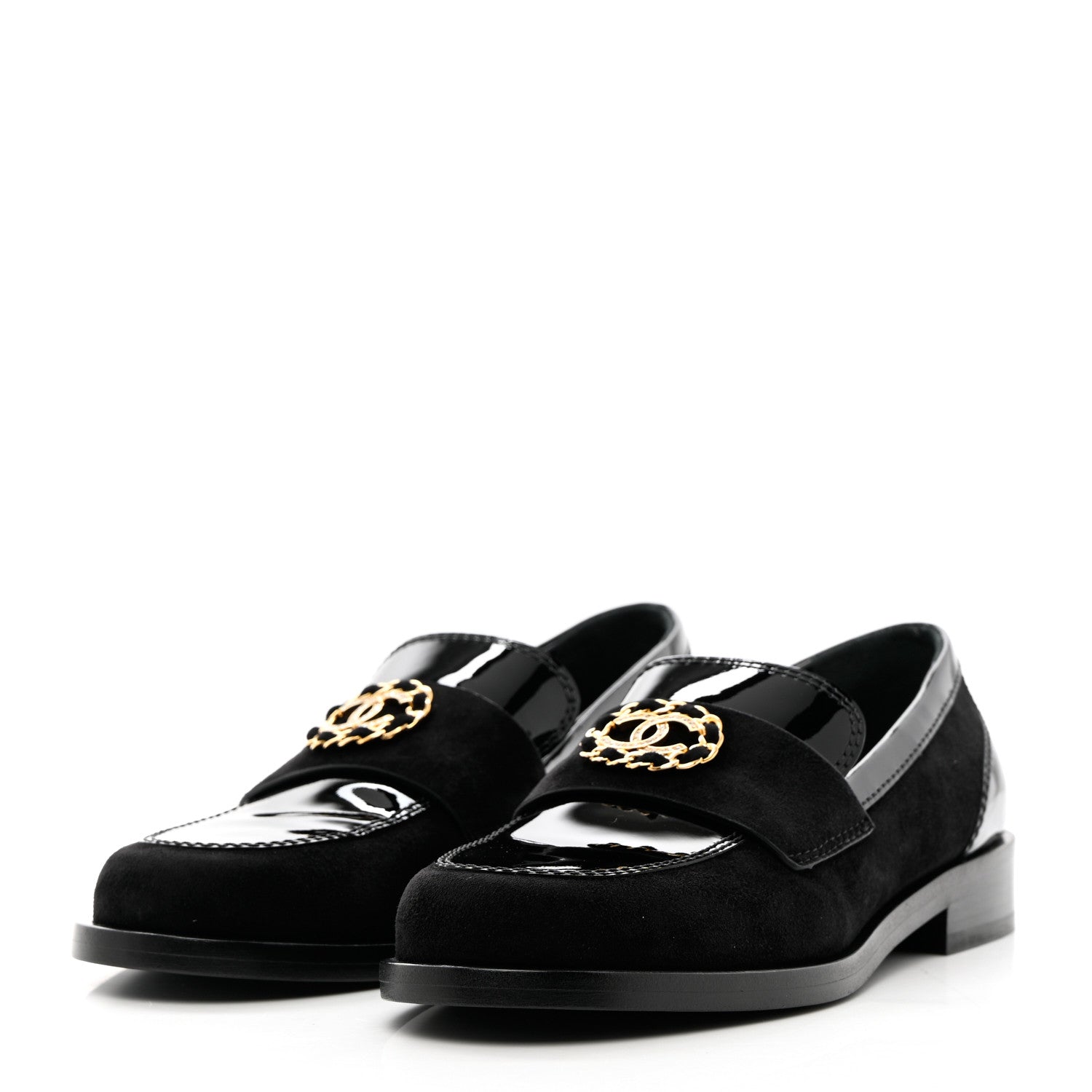 Chanel Patent Calfskin Suede Kidskin CC Mocassin Loafers 37 Black 3 of 14