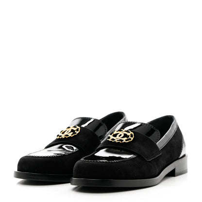 Chanel Patent Calfskin Suede Kidskin CC Mocassin Loafers 37 Black 3 of 14