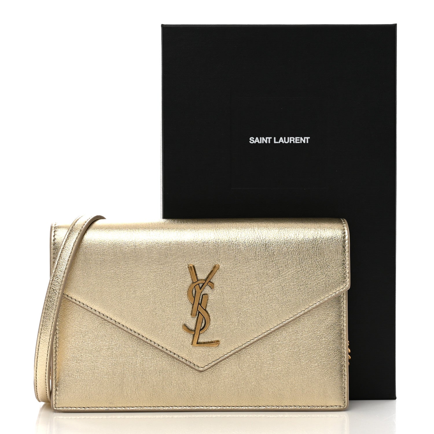 Saint Laurent Metallic Calfskin Monogram Envelope Chain Wallet Gold 12 of 12