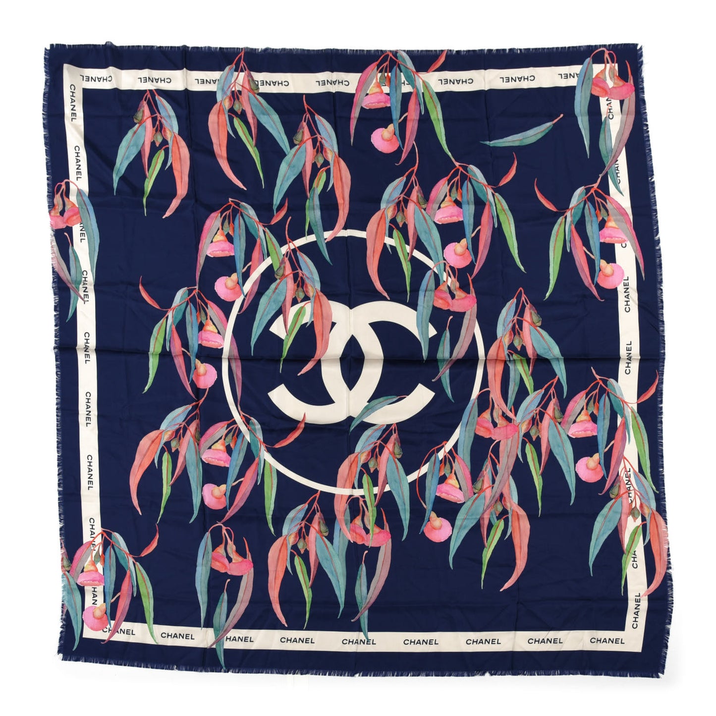 Silk CC Logo Floral Fringe Scarf Navy Blue