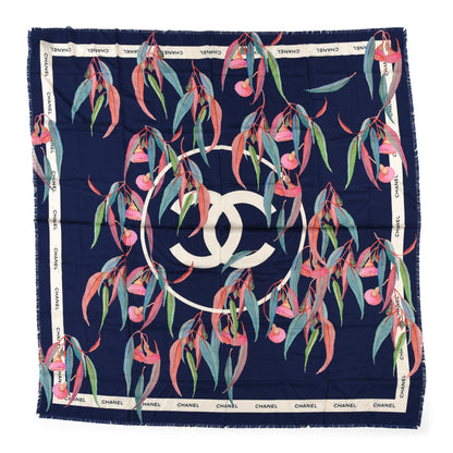 Chanel Silk CC Logo Floral Fringe Scarf Navy Blue 1 of 4