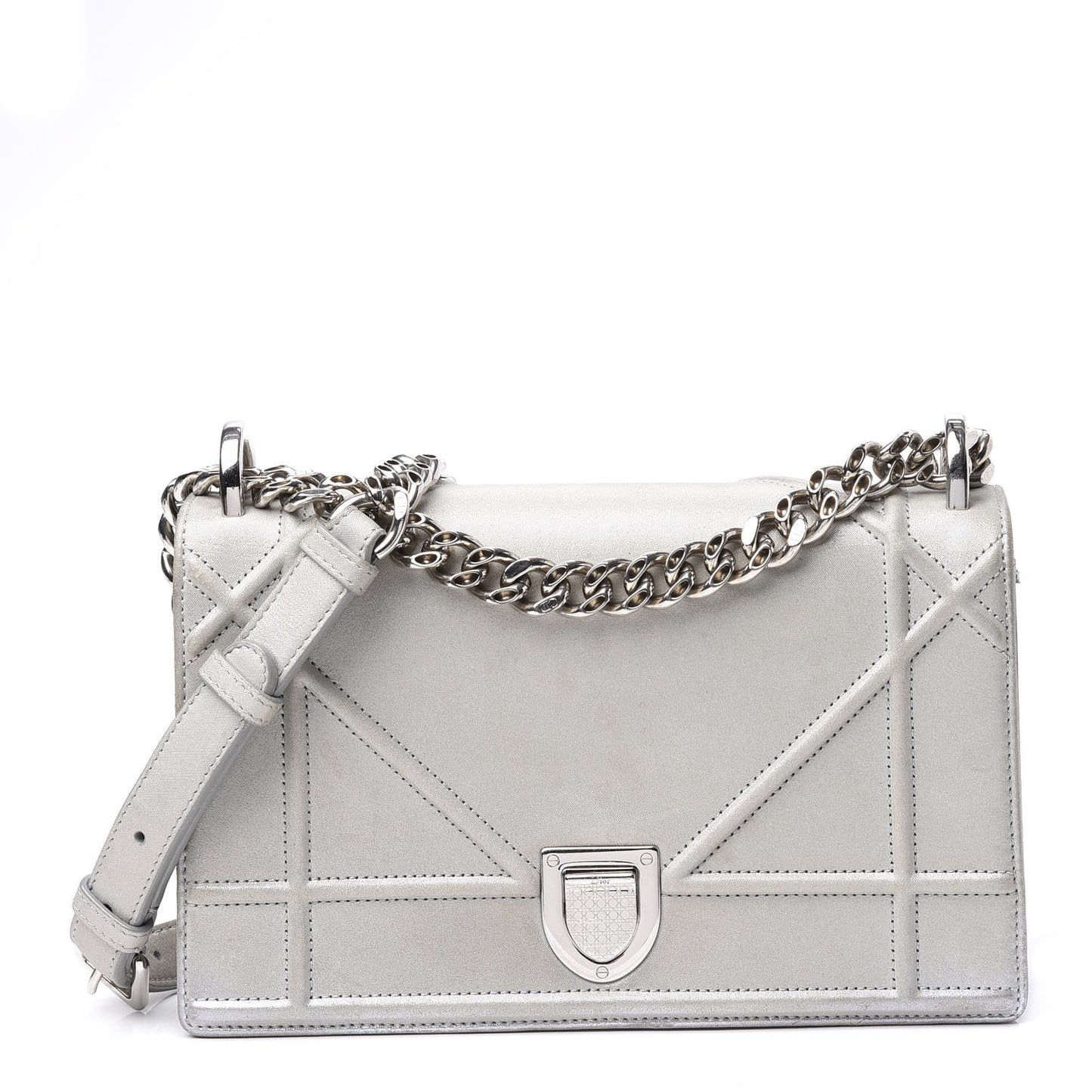 Metallic Patent Micro-Cannage Small Diorama Flap Bag Silver